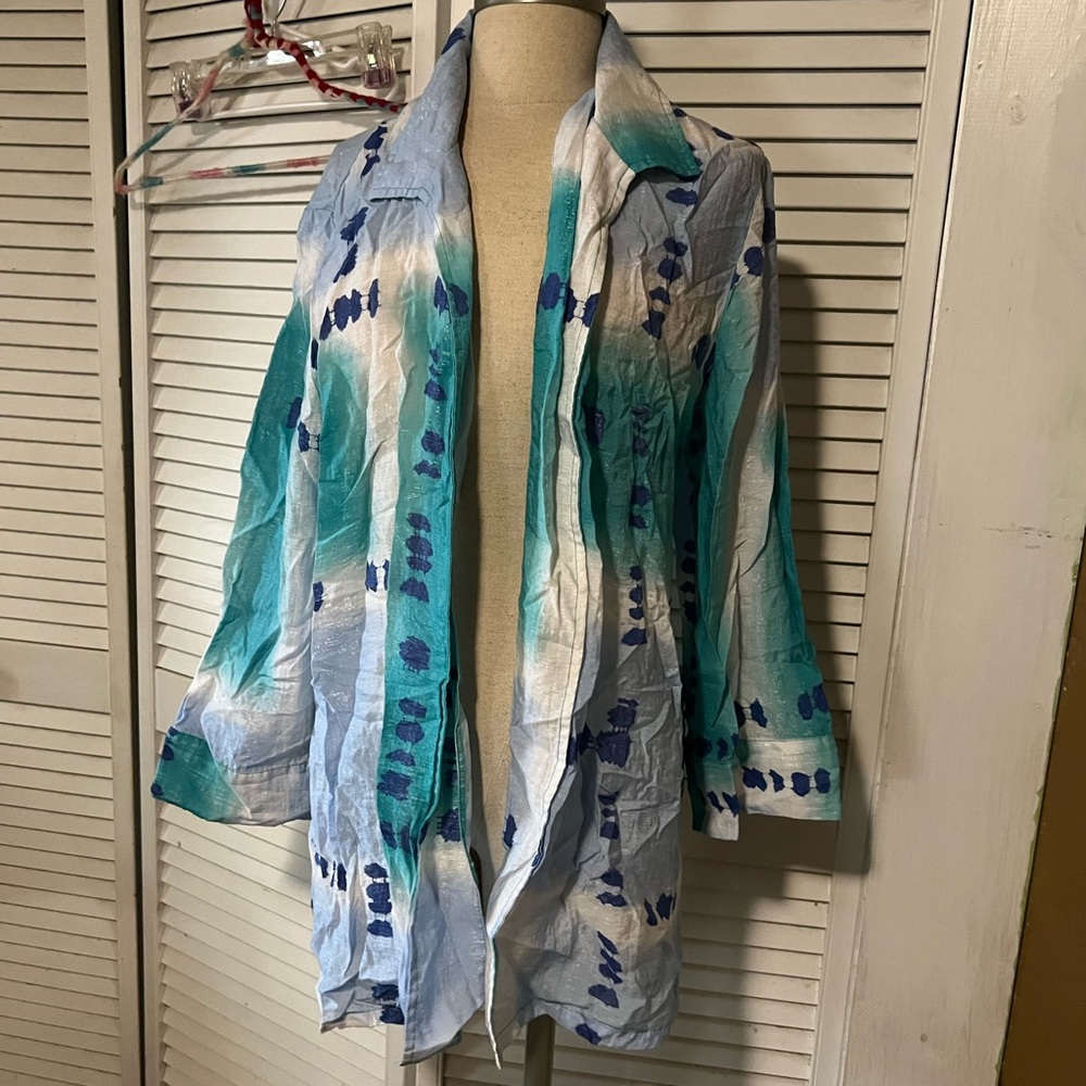 Lightweight Watercolor-Dot Open Front Jacket - Blue & Teal
